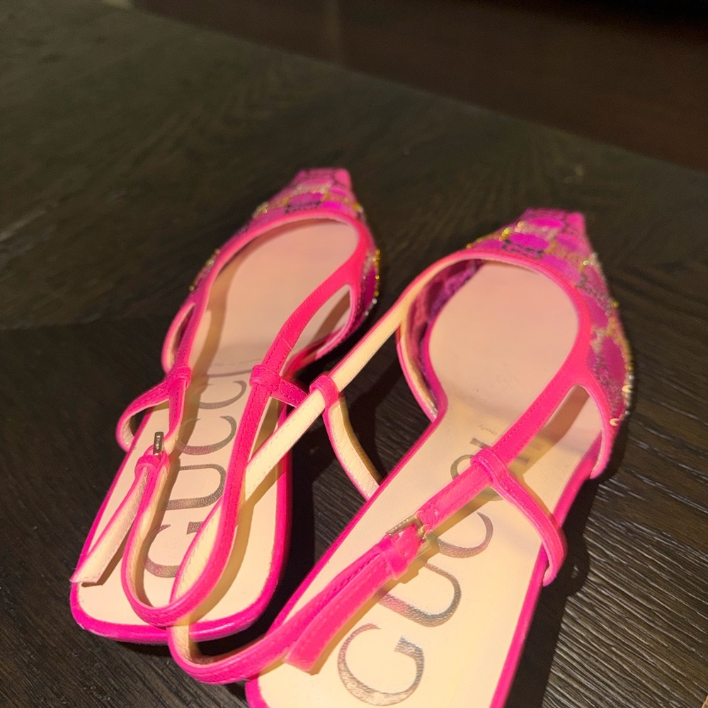 Gucci Hot Pink Sequin Embroidered Slingback Flats - Picture 3 of 7